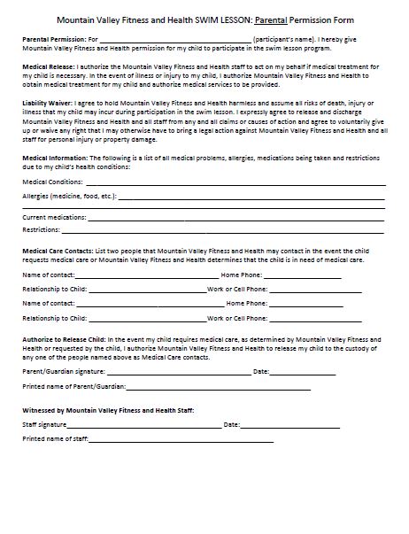 Parental Permission Form - Mountain Valley Fitness & Health | Mountain ...